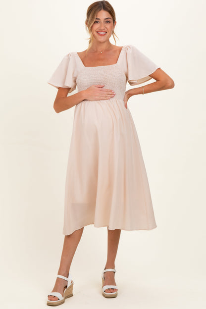 Biege Gingham Smocked Maternity Midi Dress