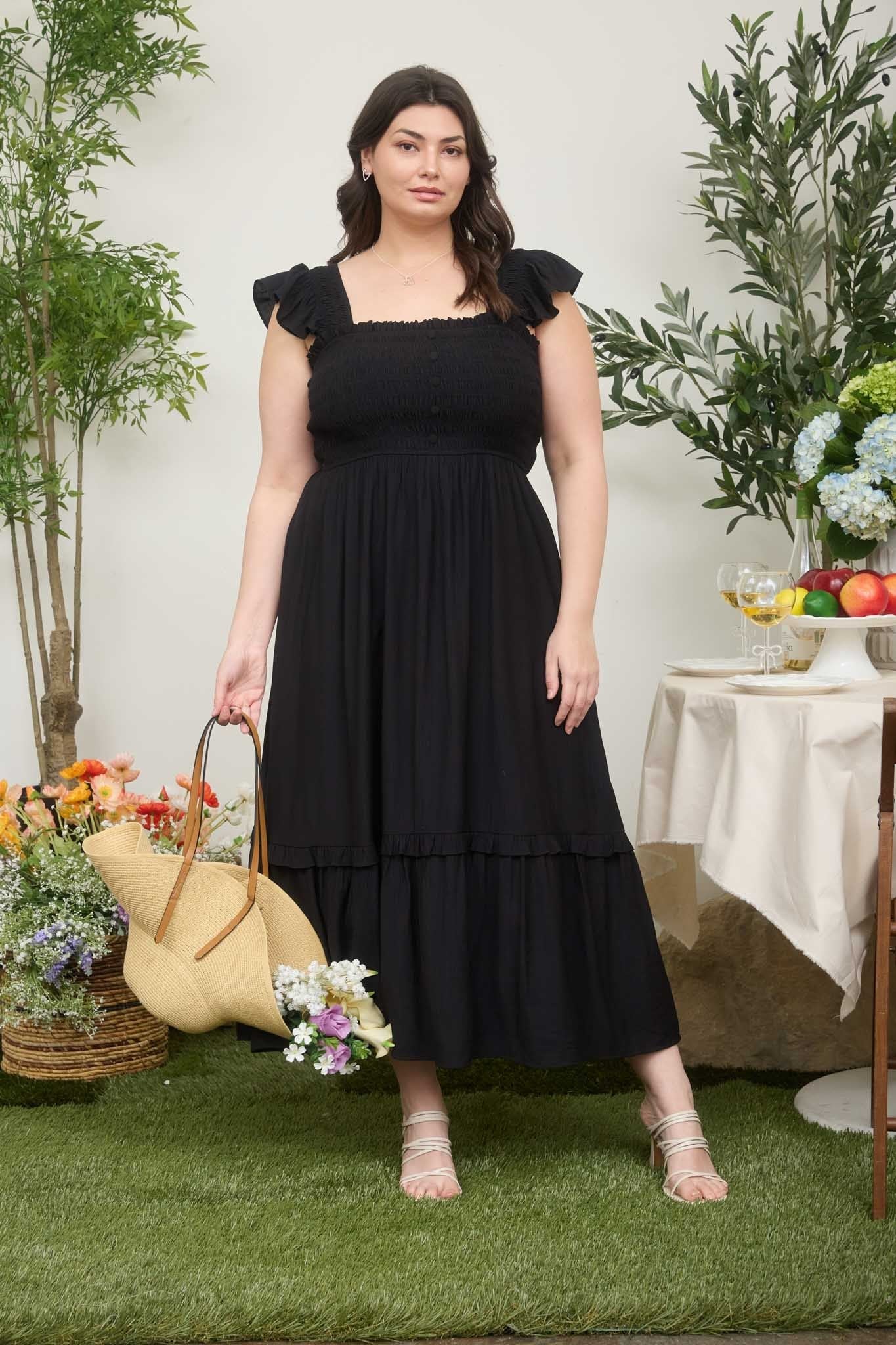 Black Button Accent Smocked Plus Midi Dress