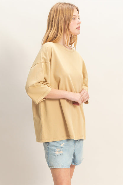 Beige Washed Oversized Crew Neck Top
