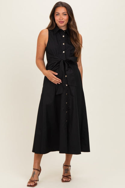 Black Button Up Sleeveless Maternity Midi Dress
