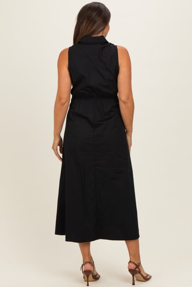 Black Button Up Sleeveless Maternity Midi Dress