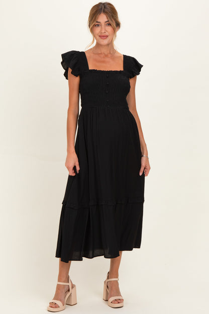 Black Button Accent Smocked Ruffle Maternity Midi Dress