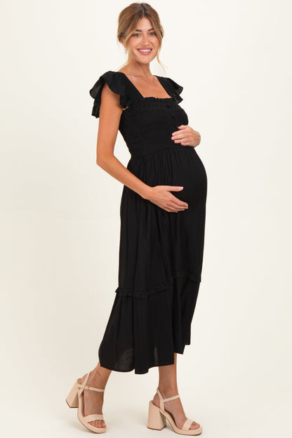 Black Button Accent Smocked Ruffle Maternity Midi Dress