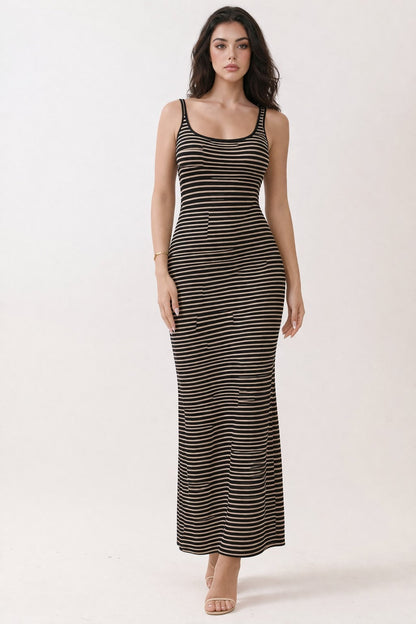 Black Beige Sleeveless Striped Maternity Maxi Dress