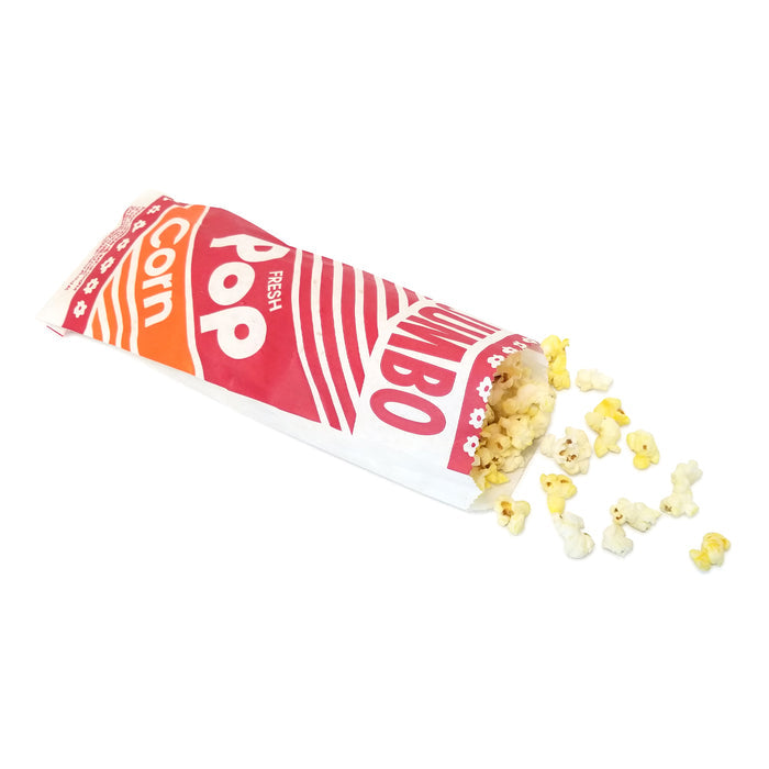 jumbo red, white, and yellow striped popcorn bag shown laying down filled with popcorn
