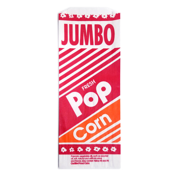 front view of jumbo red, white, and yellow striped popcorn bag