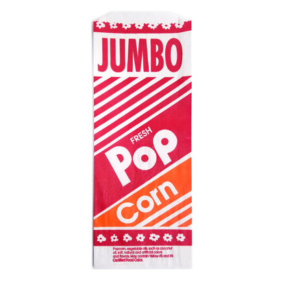front view of jumbo red, white, and yellow striped popcorn bag