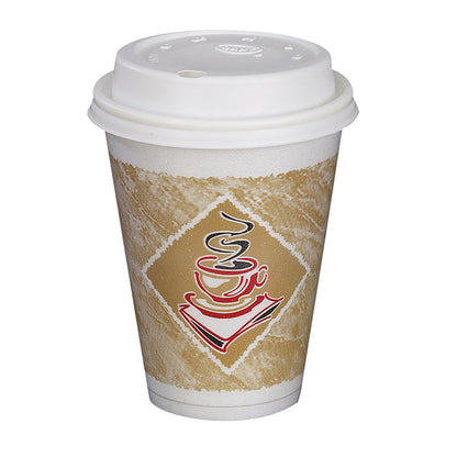 White insulated disposable coffee cup with graphic of coffee cup with steam printed on the side and white lid.