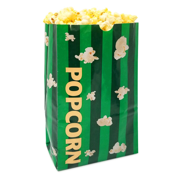 dark green and light green striped popcorn bag filled with popcorn