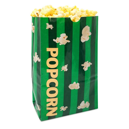 dark green and light green striped popcorn bag filled with popcorn