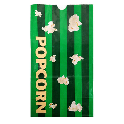 front view of dark green and light green striped popcorn bag