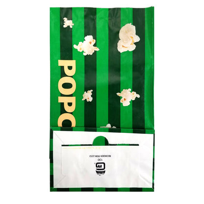 back view of dark green and light green striped popcorn bag