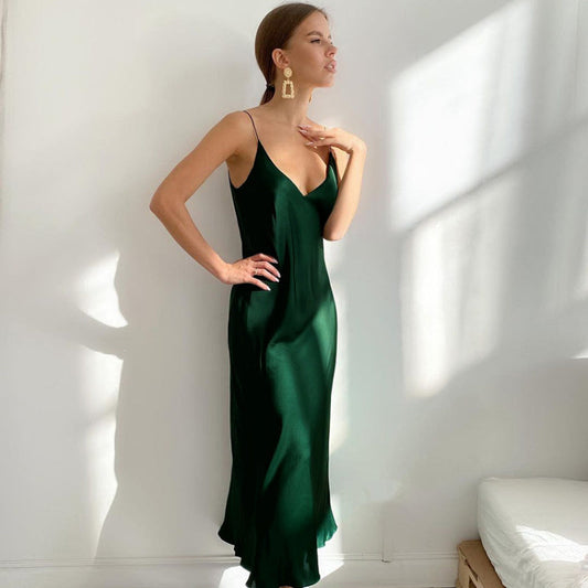 Corset Dress French Strap Dress Beautiful Autumn Dress Satin Drape V-neck Dress