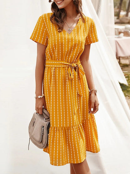 Beth Dutton Wardrobe Summer Short Sleeve Waist-Controlled Lace-up Women's Midi Dress