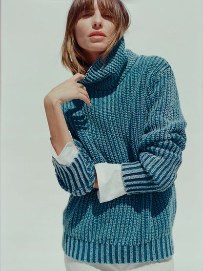 Sunwashed Cotton Oversized Turtleneck Sweater - Windcliff Indigo Wash