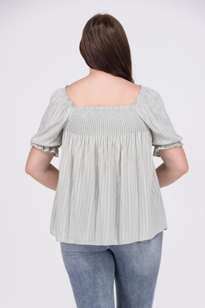 Feel The Energy Women's Striped Smocked Short Puff Sleeve Top