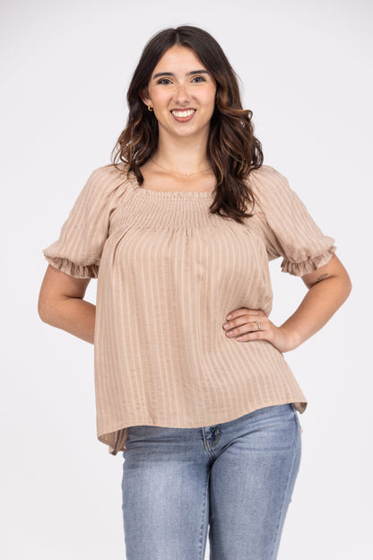 Feel The Energy Women's Striped Smocked Short Puff Sleeve Top