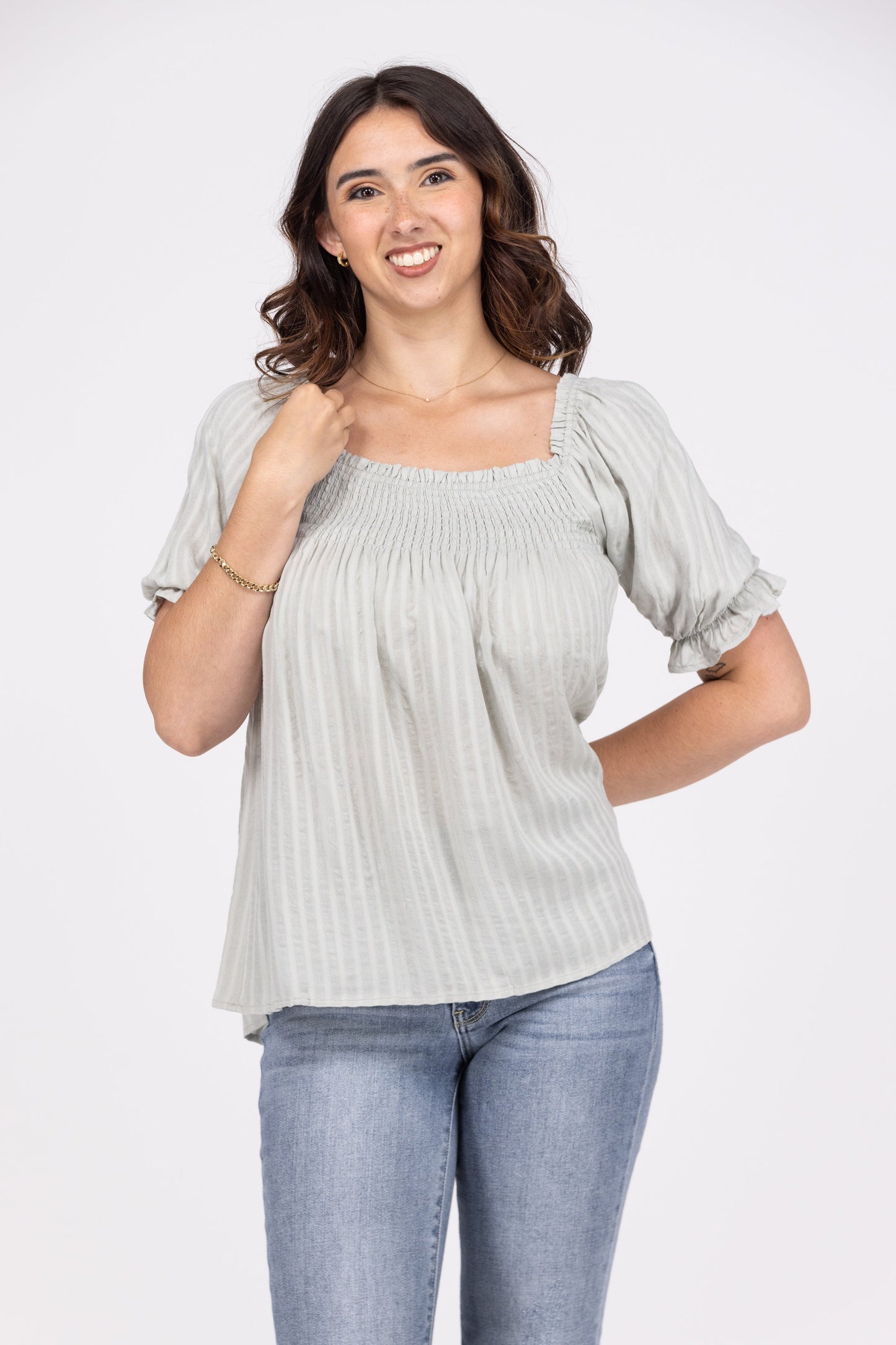 Feel The Energy Women's Striped Smocked Short Puff Sleeve Top