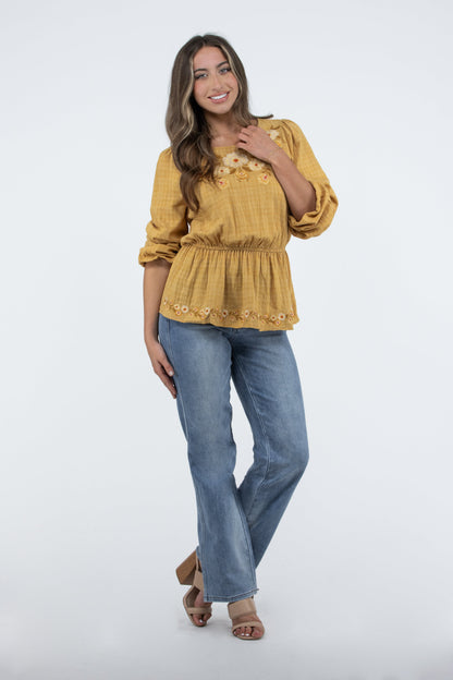 The Marlow Women's Embroidered Flared Long Sleeve Top