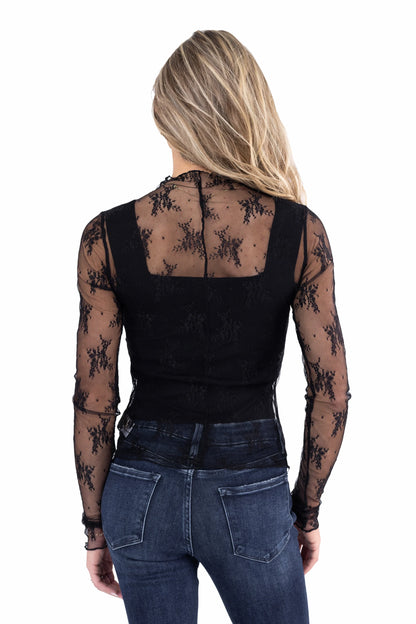 Women's Scalloped Sheer Lace Long Sleeve Top