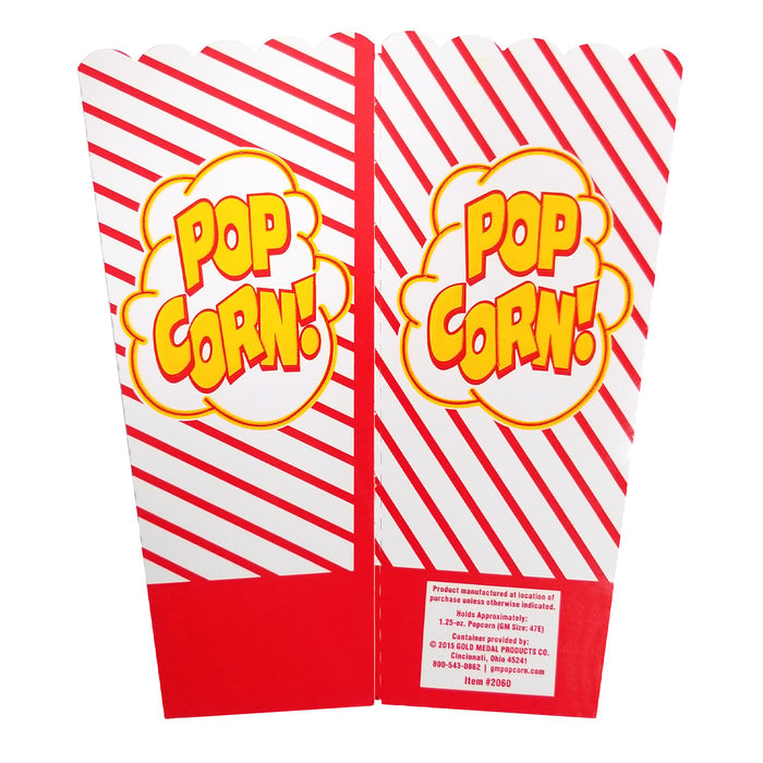 back view of red-striped popcorn boxes