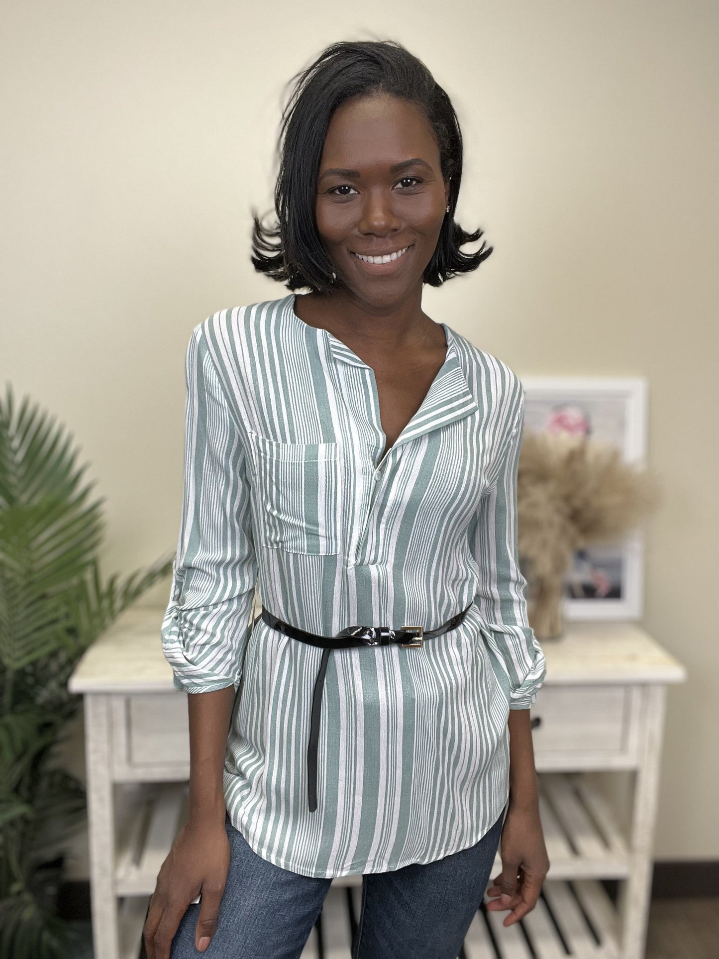 Life Of The Party Women's V-Neck Belted Long Sleeve Top