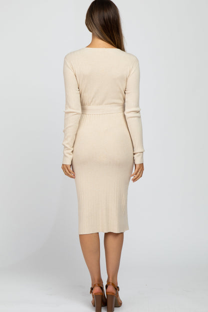 Beige Tie Front Maternity Sweater Midi Dress