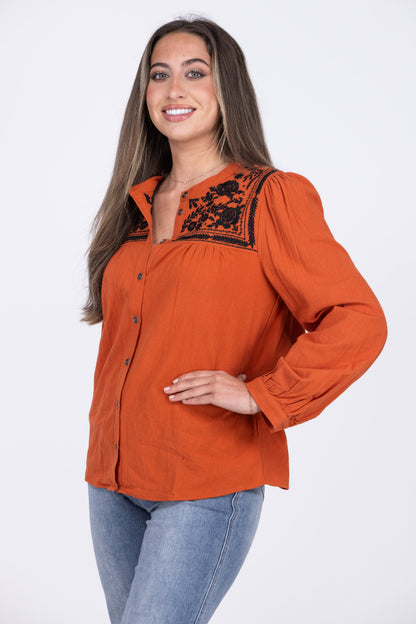 Flowers of the Desert Women's Embroidered Floral Long Sleeve Top