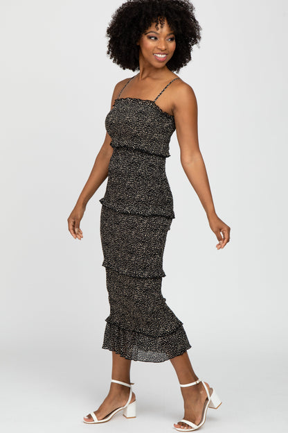 Black Animal Print Smocked Fitted Midi Dress
