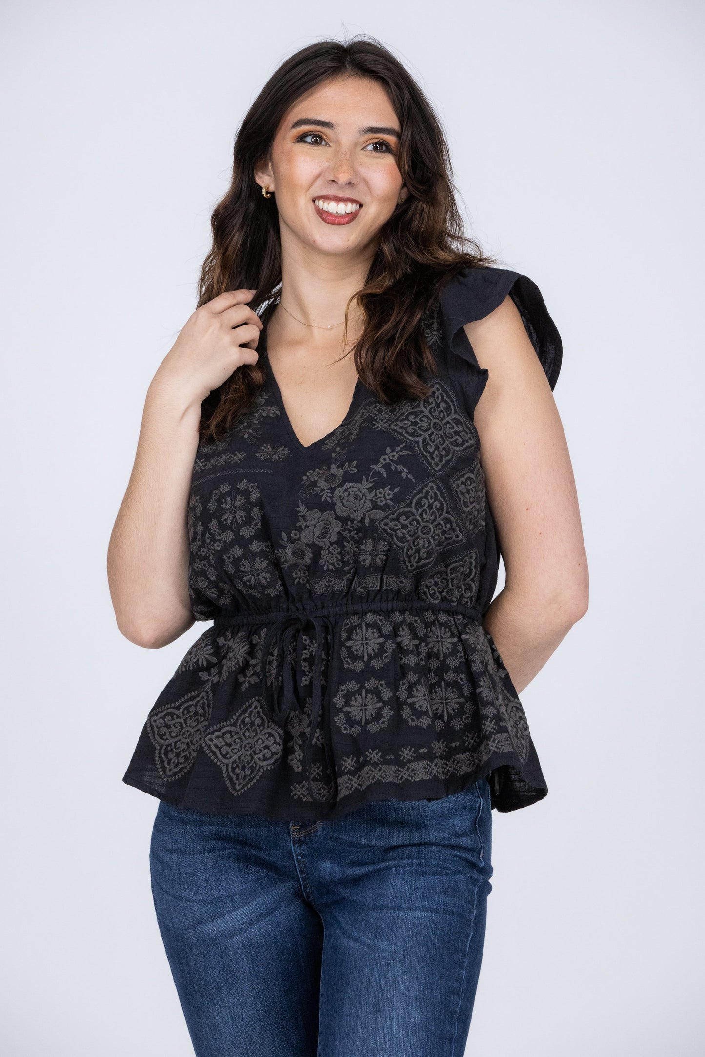 Plan On It Women's Embroidered Short Flutter Sleeve Top