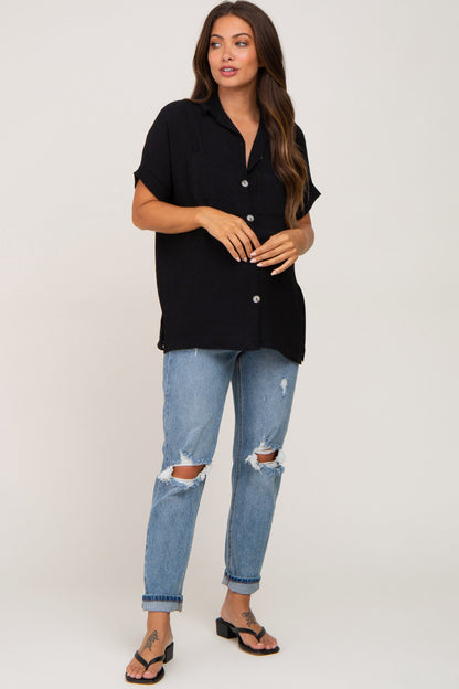 Black Collared Button-Down Short Sleeve Maternity Blouse