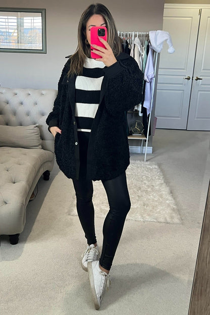 Black Contrast Oversized Sherpa Coat