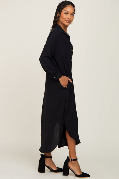 Black Button Down Front Pocket Midi Dress