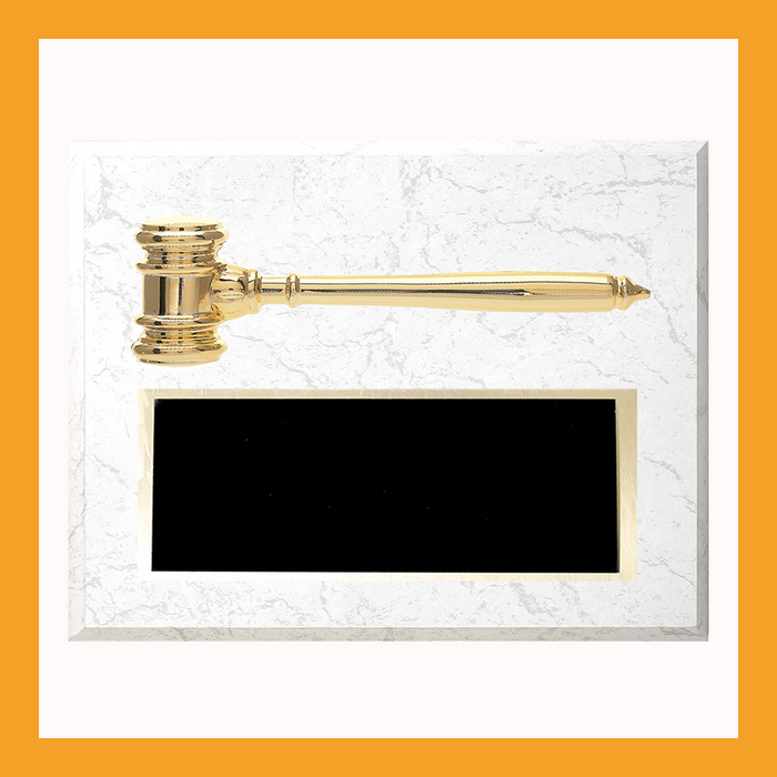 8" x 10" Golden Gavel White Marble Finish Plaques