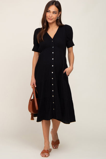 Black Button Down Short Sleeve Maternity Dress