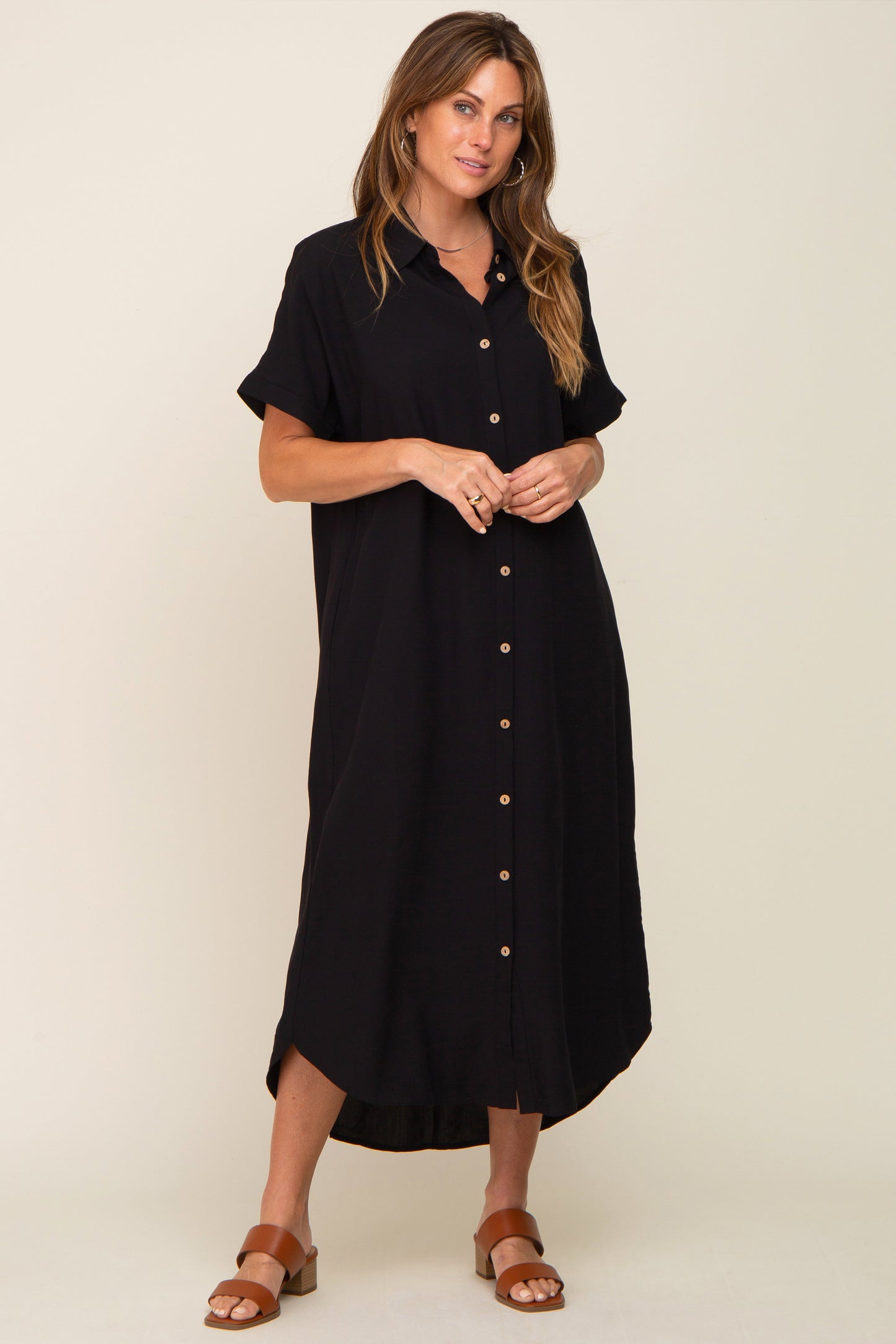 Black Button Down Maternity Midi Dress