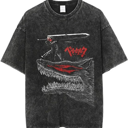 Cotton washed summer retro print T-shirt rap men's and women's short sleeves