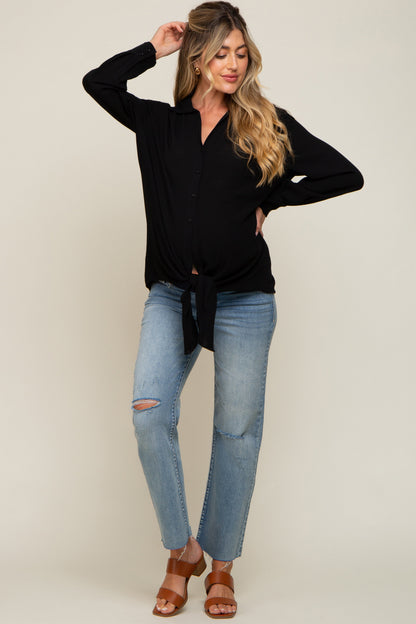 Black Collared Button Down Knotted Maternity Shirt