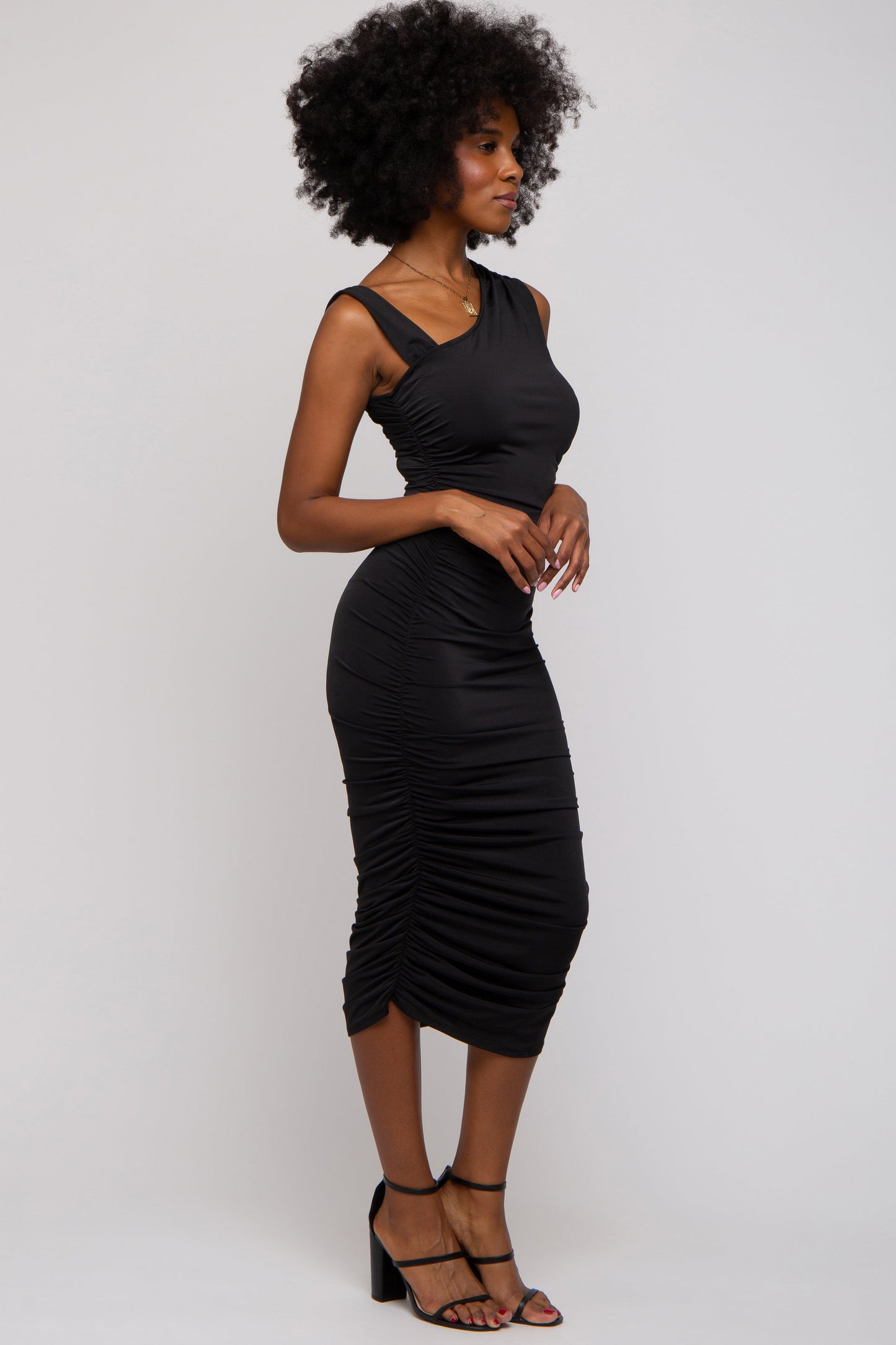 Black Asymmetrical Ruched Midi Dress