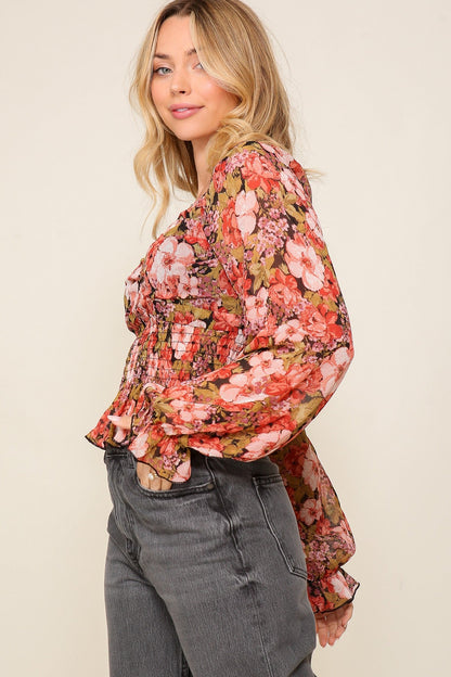 Black Combo Floral Print Smocked Chiffon Top