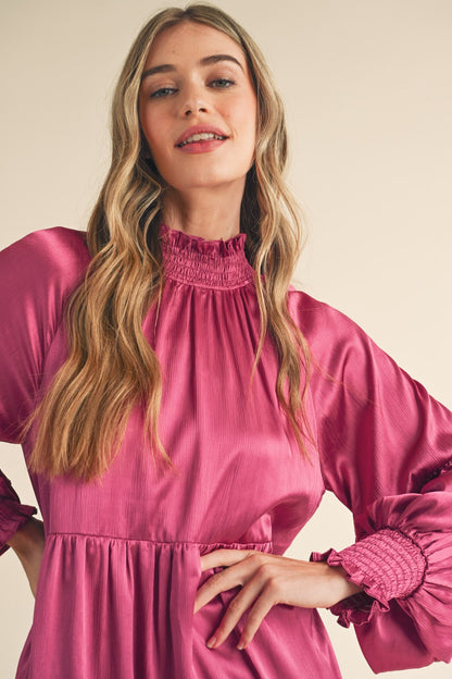 Berry Rose Mock Neck Tiered Mini Dress