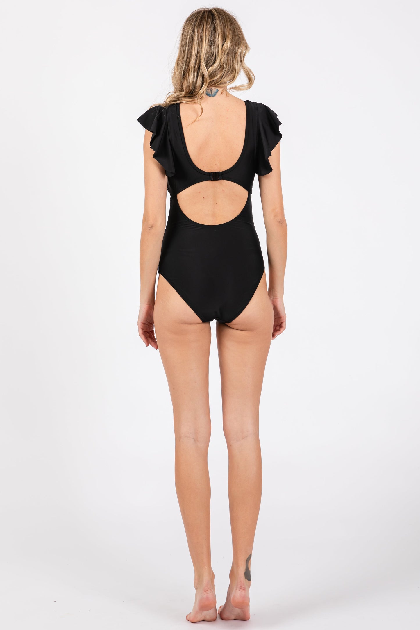 Black Crochet Detail Ruched One Piece Swimsuit