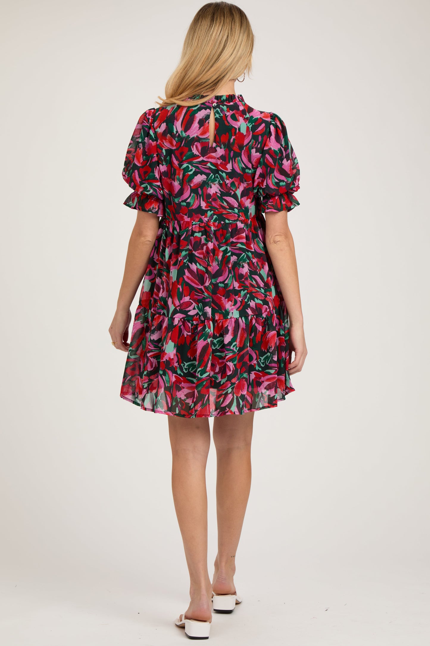 Black Abstract Floral Print Tiered Maternity Dress