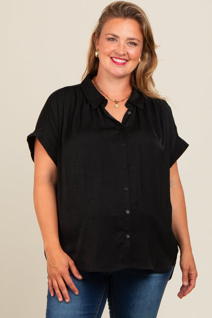 Black Button Down Dolman Sleeve Maternity Plus Top