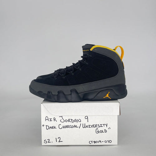 AIR JORDAN 9 DARK CHARCOAL UNIVERSITY GOLD CT8019-070 SIZE 12/13.5W