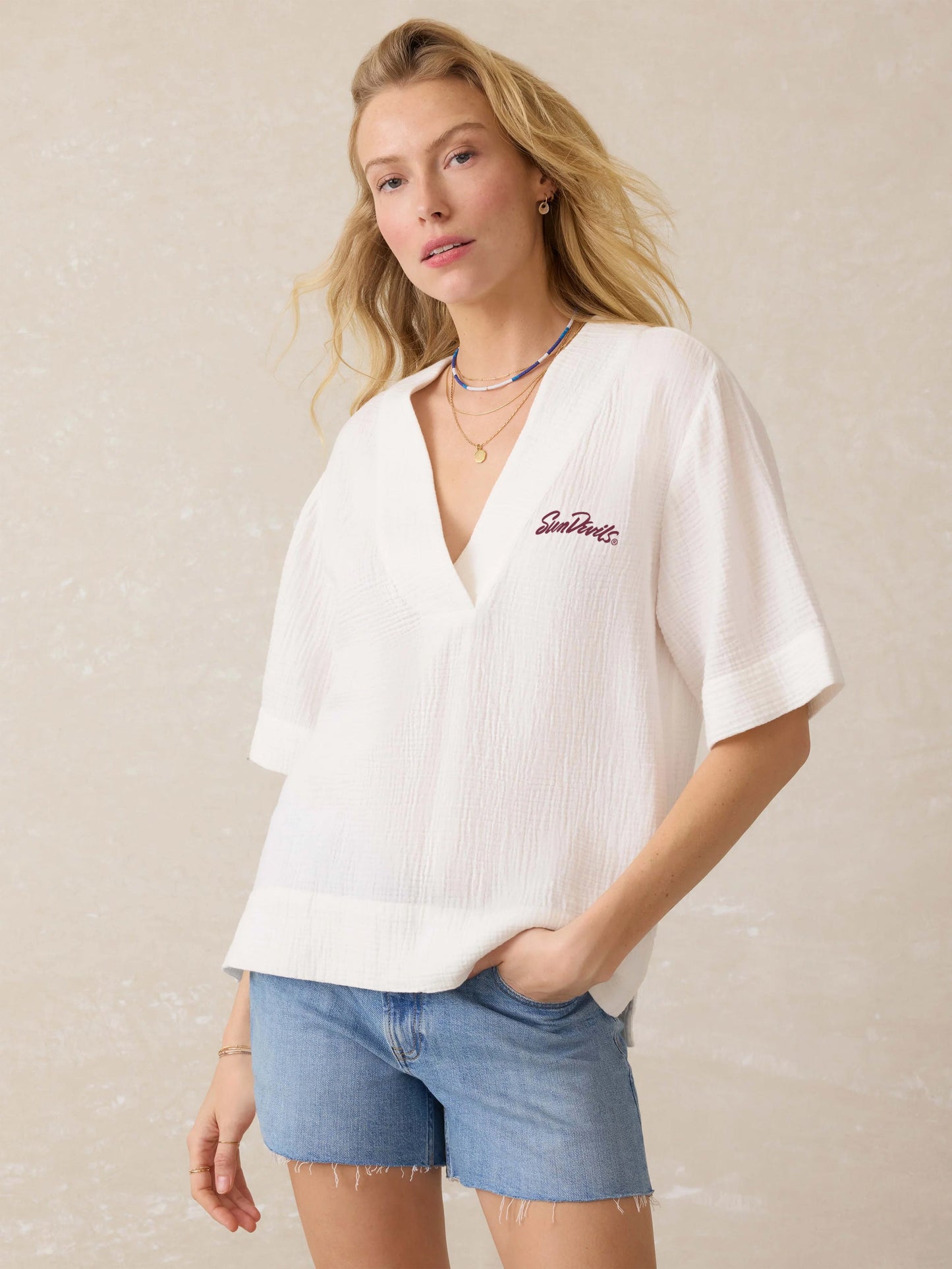 Arizona State University Dune Cotton Gauze Short-Sleeve Popover - White