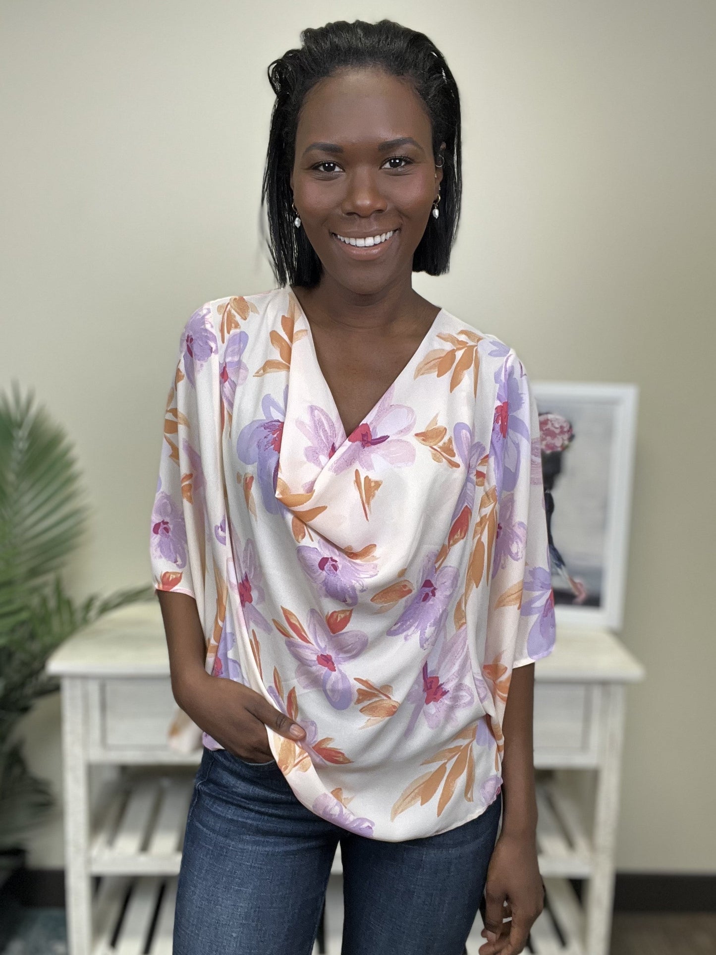 Find Your Love Women's Cowl Neck Short Bell Sleeve Top