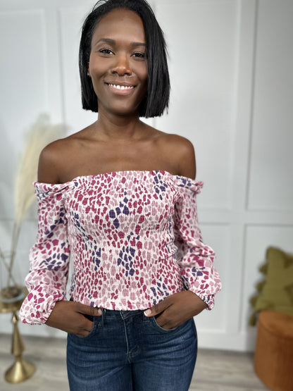 All The Spots Women's Smocked Long Sleeve Top
