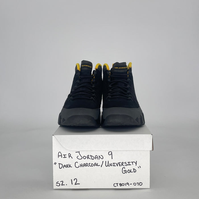AIR JORDAN 9 DARK CHARCOAL UNIVERSITY GOLD CT8019-070 SIZE 12/13.5W