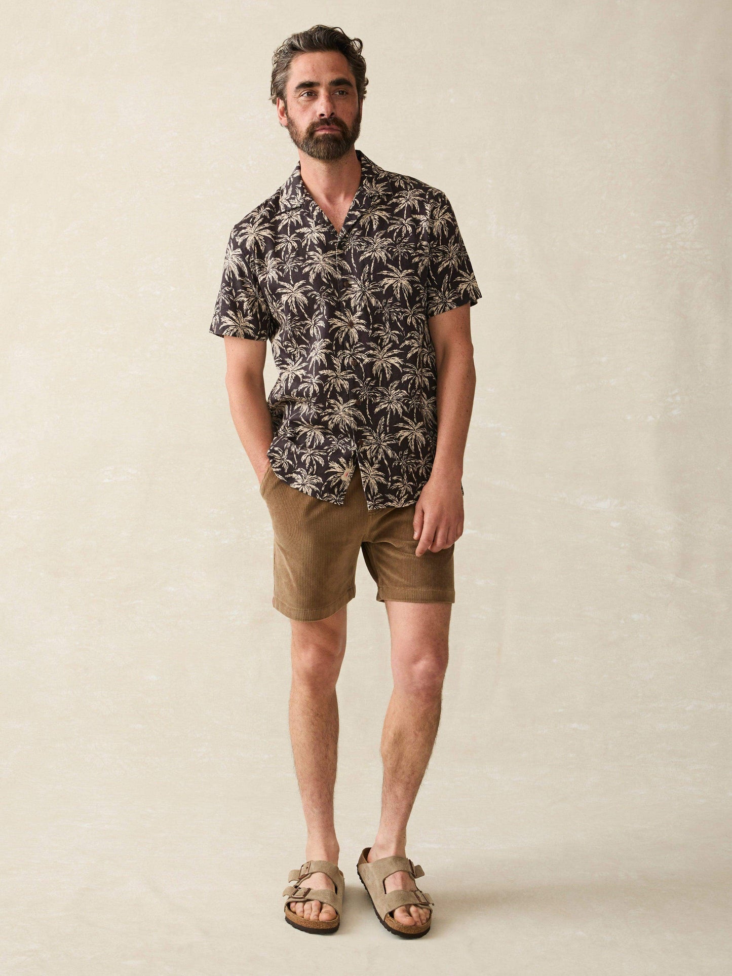 Short-Sleeve Hemp Blend Camp Shirt - Charcoal Tropic Trees
